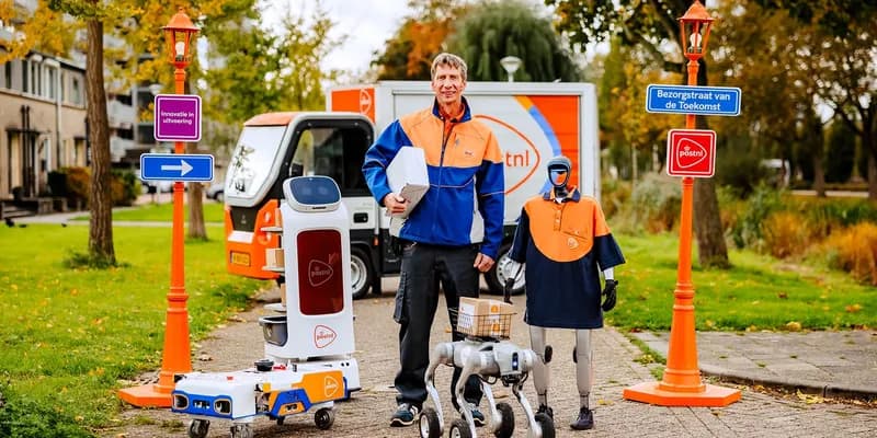 Conductor de reparto de PostNL con los robots que han sido probados para uso futuro
